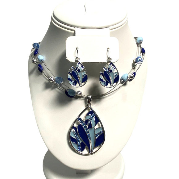 NEW Silver Plated Floating Blue Bead Teardrop Rhinestone Necklace & Earring Set - Picture 1 of 3